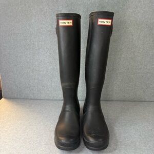 Hunter Black Rubber Knee-High Boots with Red Logo Accent